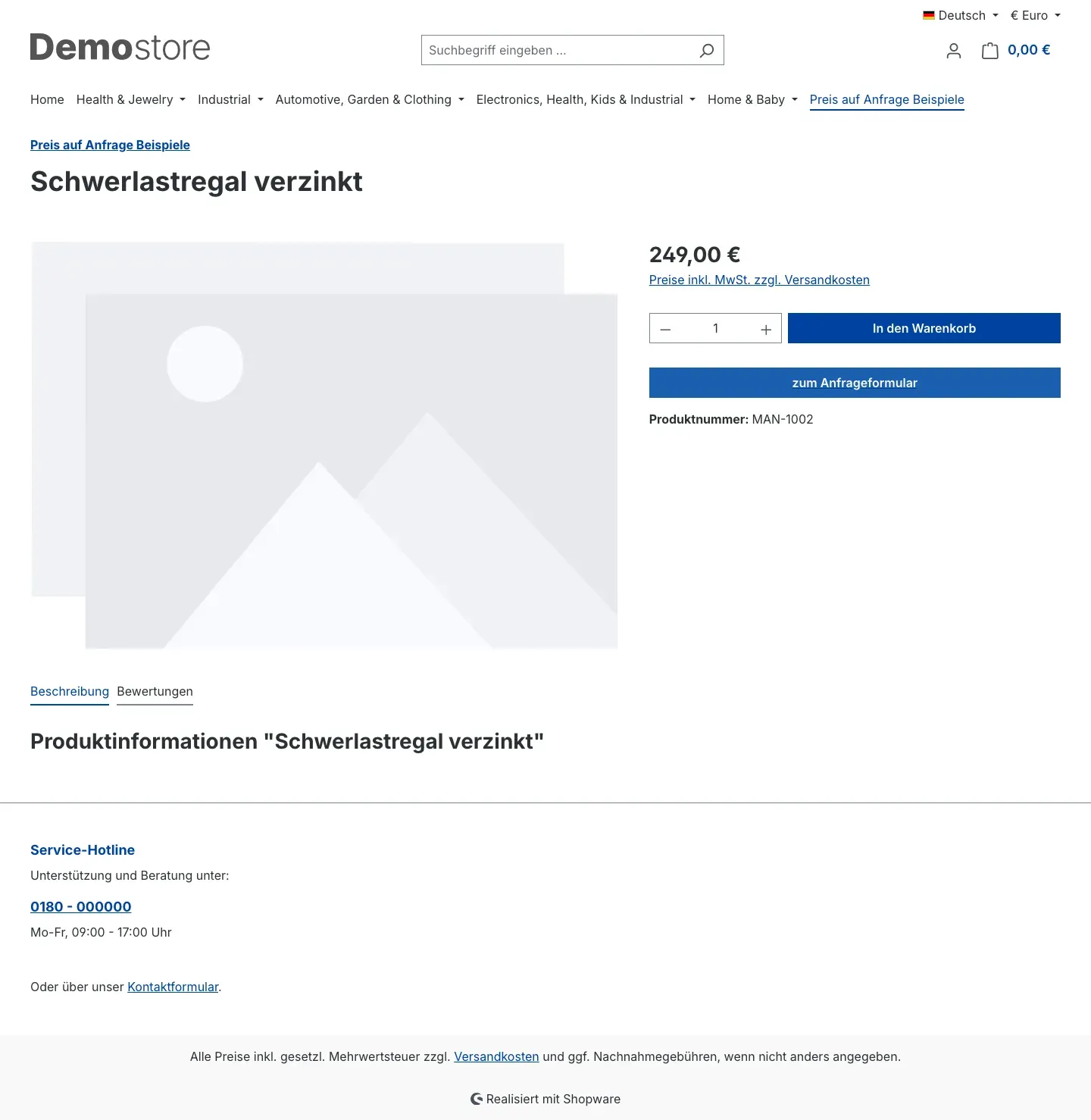 Produktseite mit Status individueller Preis auf Anfrage