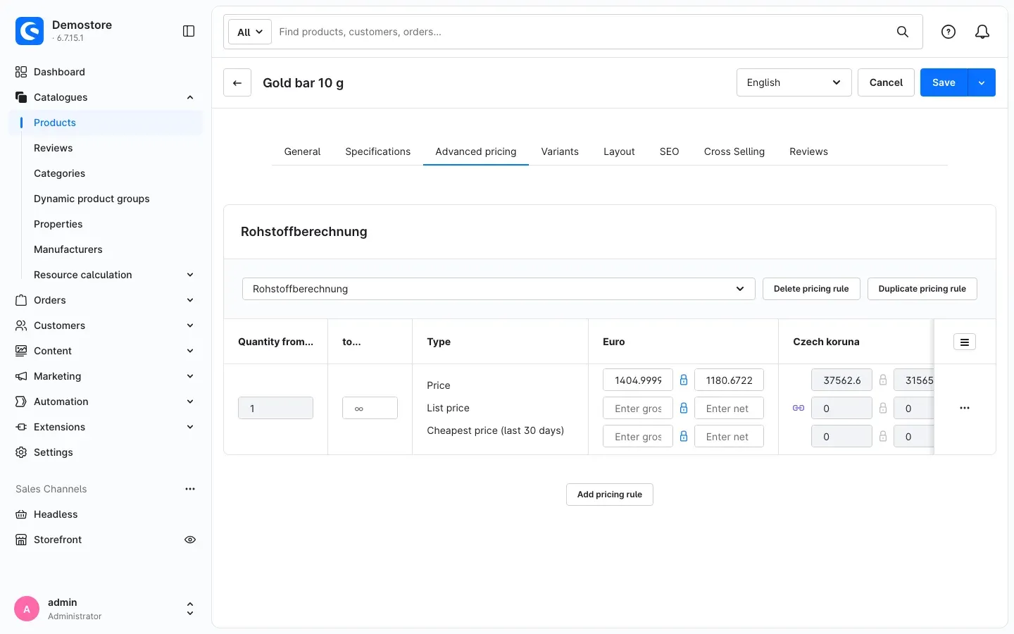 Advanced price with the resource calculation rule