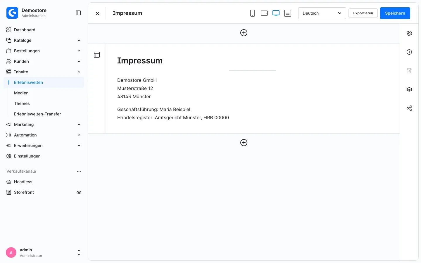 Layout-Editor mit der Schaltfläche „Exportieren“