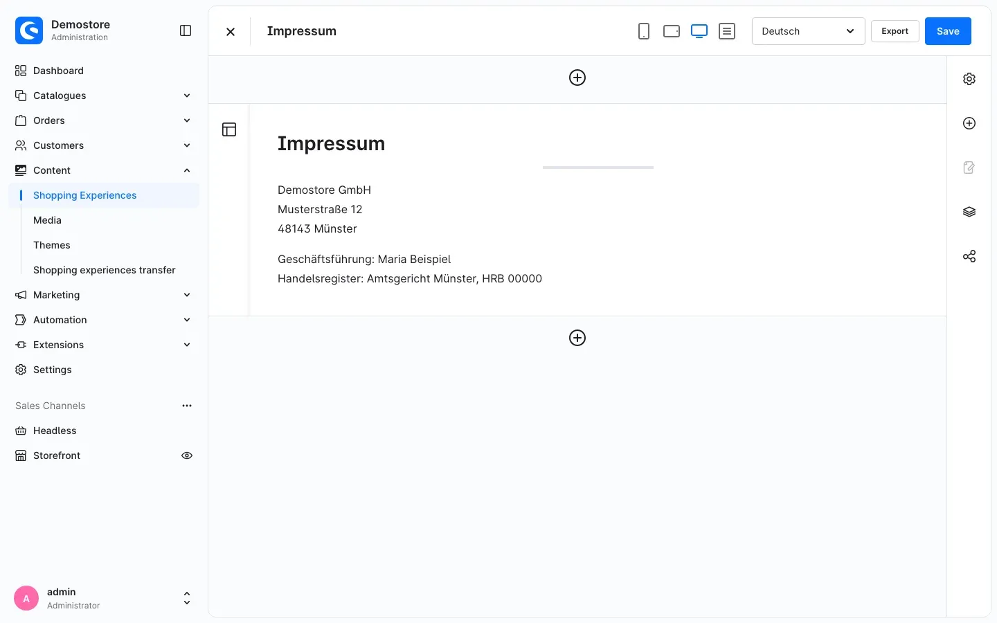 Layout editor with the "Export" button
