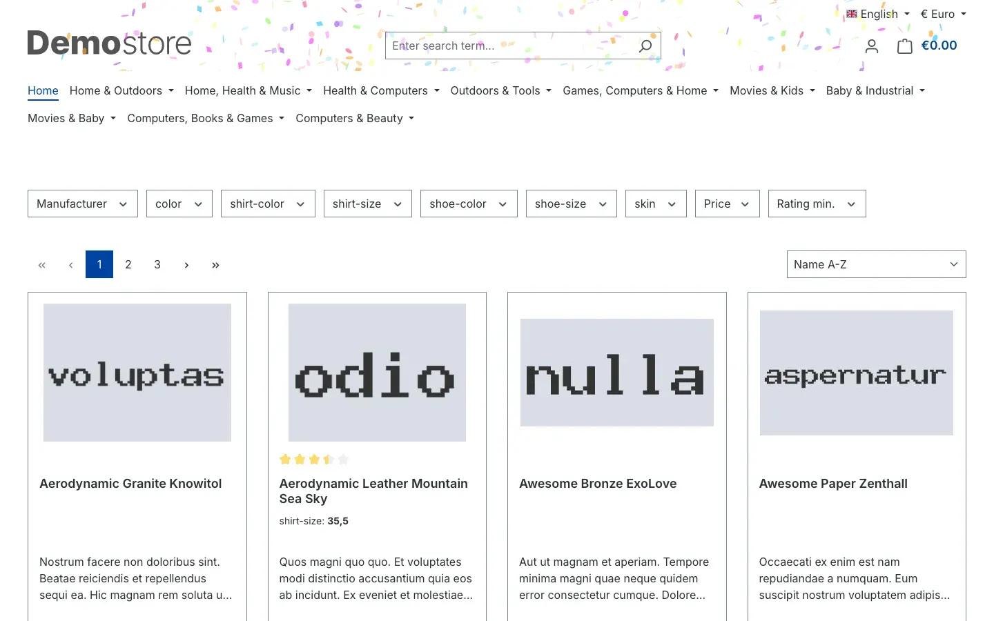Home page with confetti only in the header area with logo, search and cart