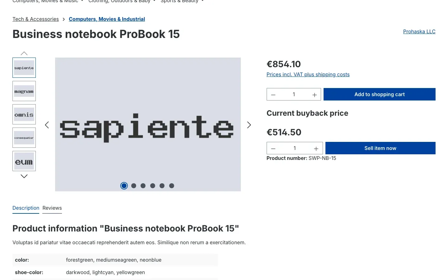 Fig. 11: Product page with "Current buyback price" and "Sell item now"