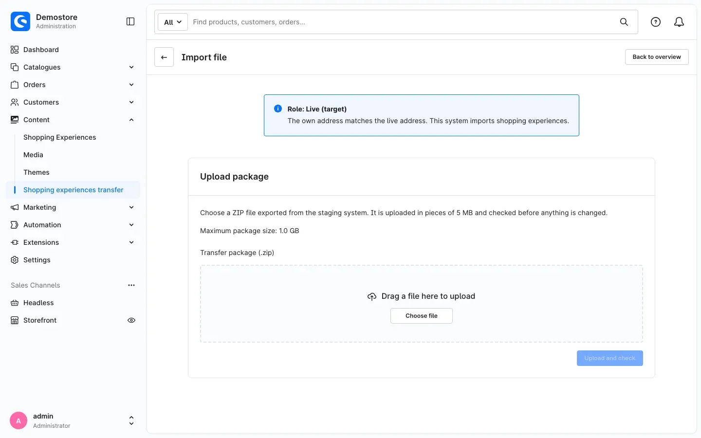 "Import file" page with the "Upload package" card