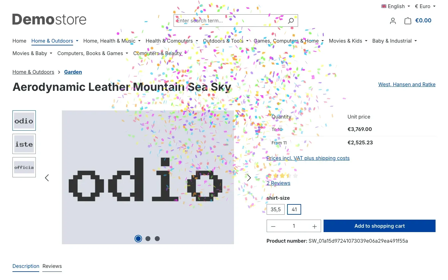 Product detail page with confetti over the title, image and price area