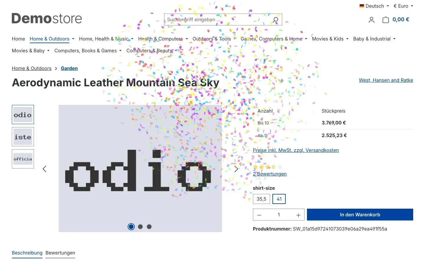 Produktdetailseite mit Konfetti über Titel, Bild und Preisbereich
