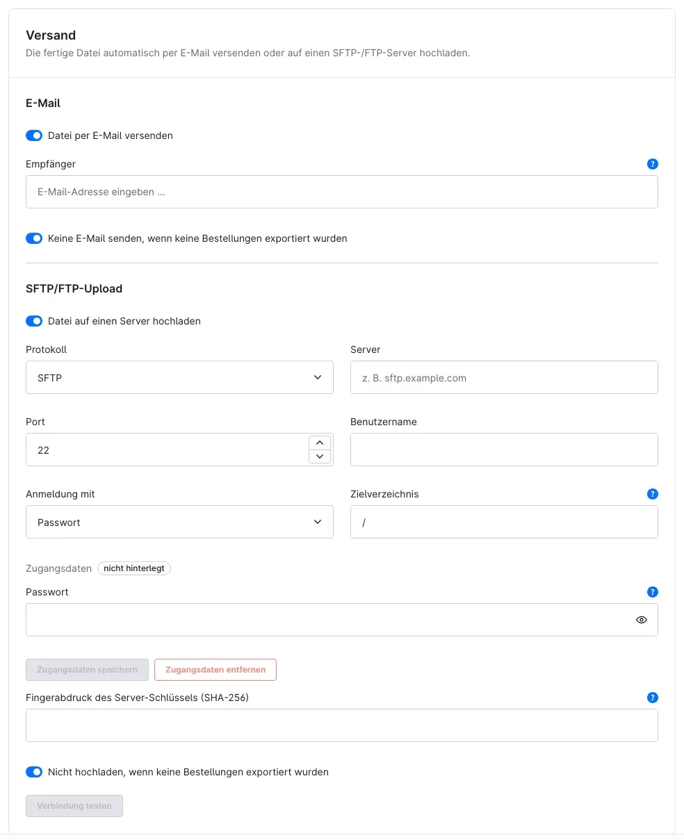 Karte Versand mit E-Mail und SFTP/FTP-Upload