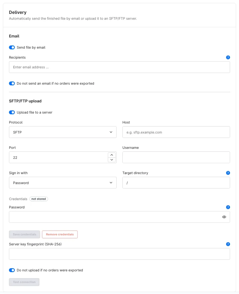 Delivery card with email and SFTP/FTP upload