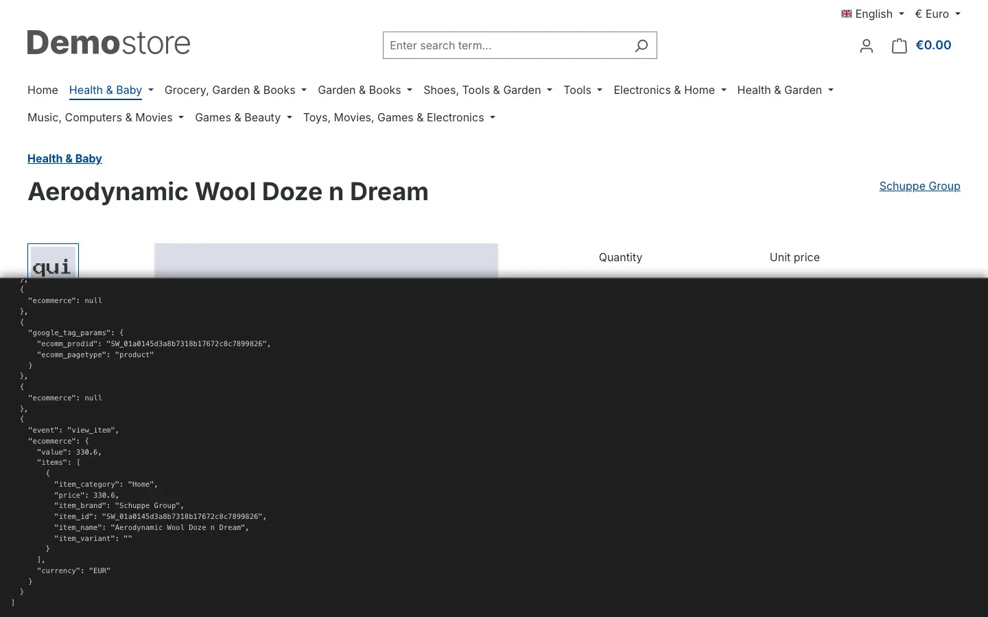 A product page showing the content of the transmitted data