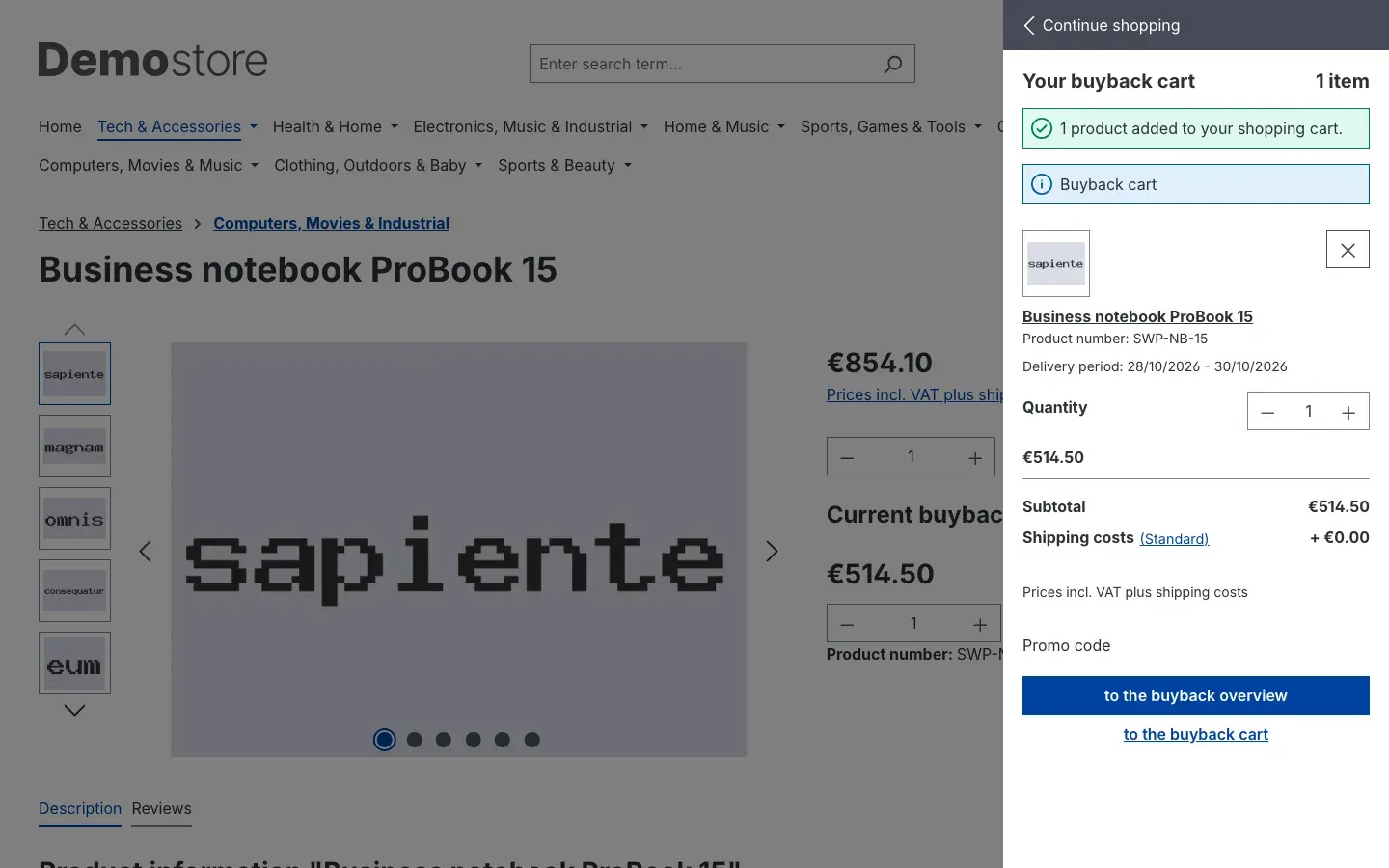 Fig. 13: The buyback cart after clicking "Sell item now"