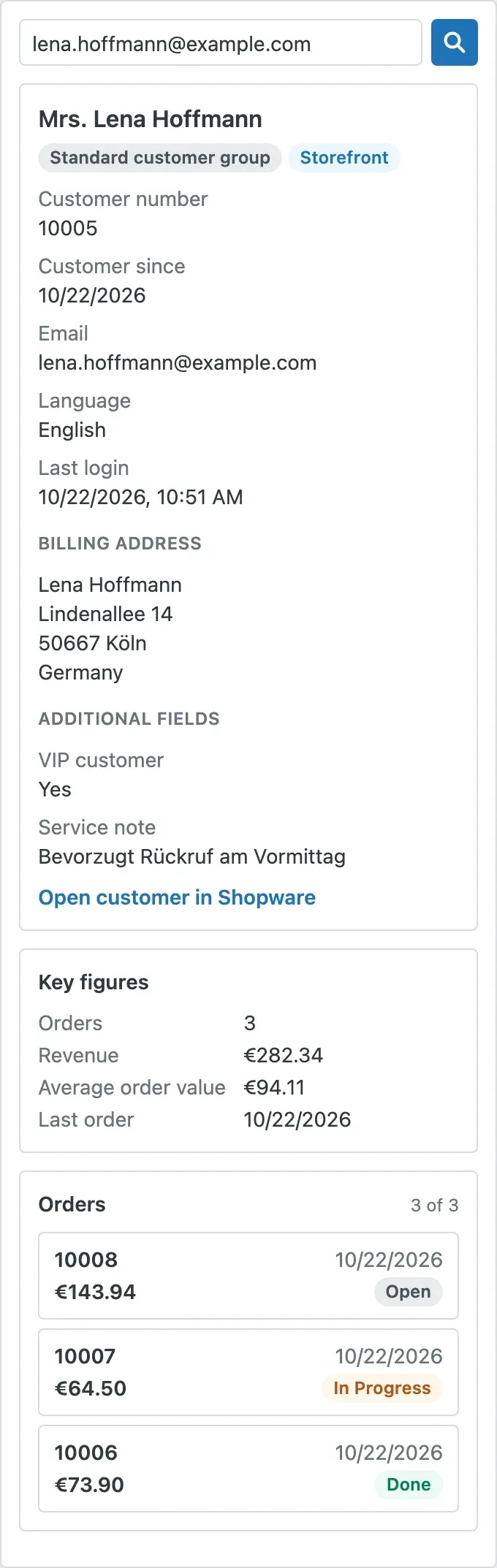Customer in the sidebar