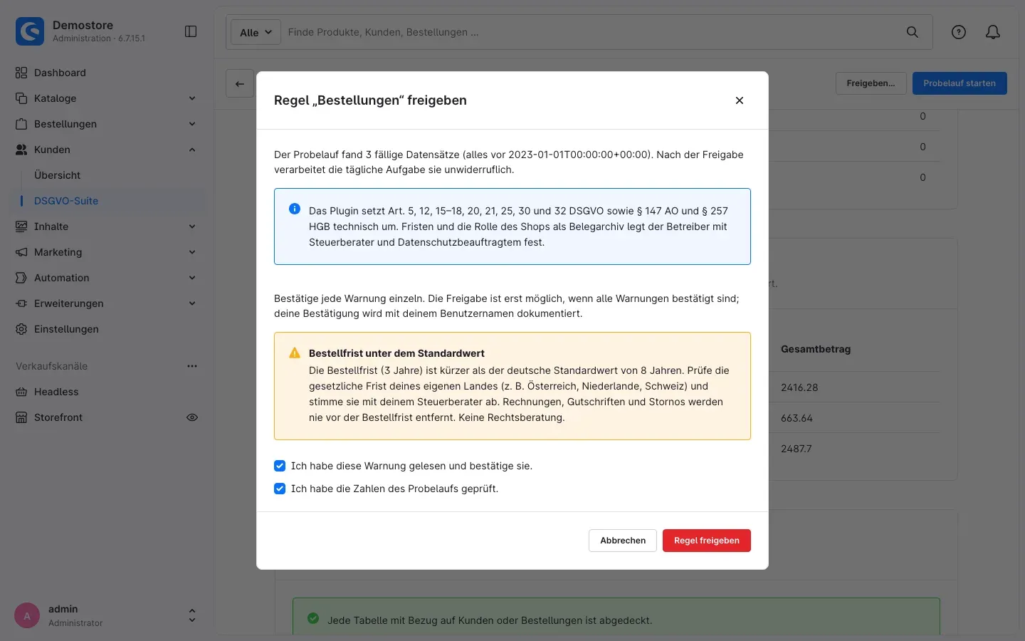 Dialog zur Freigabe einer Regel