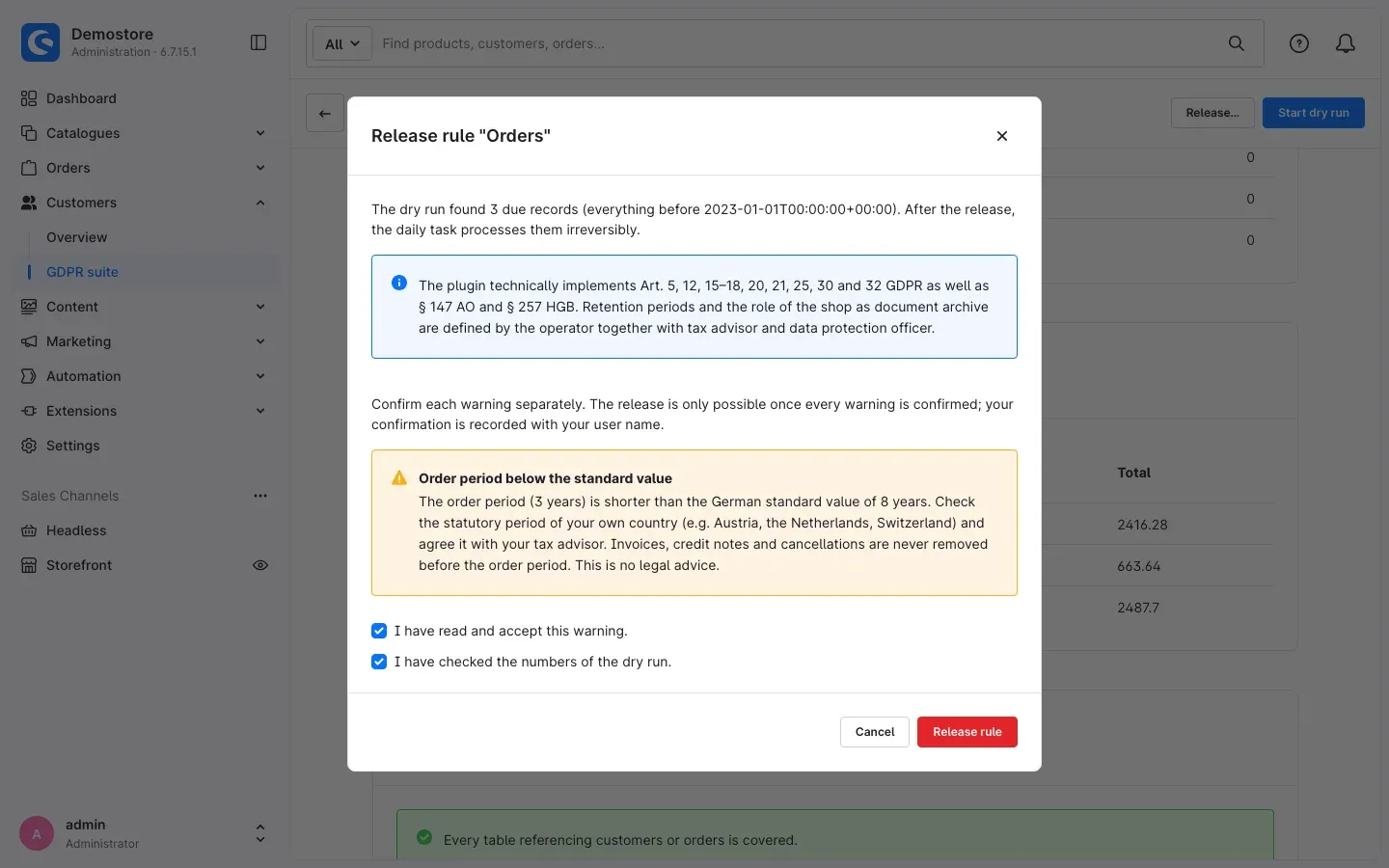 Dialog for releasing a rule