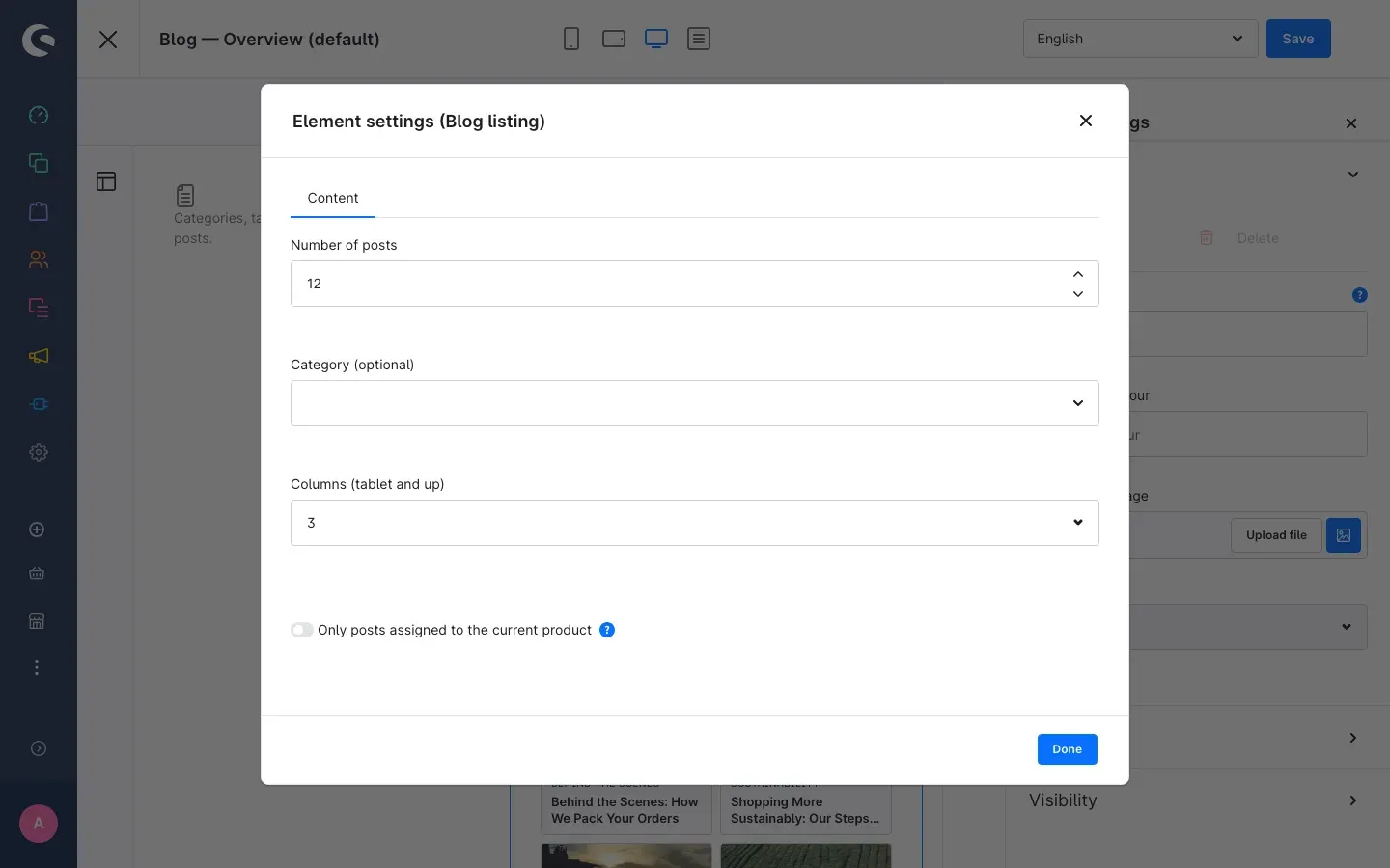 Element settings of the blog listing