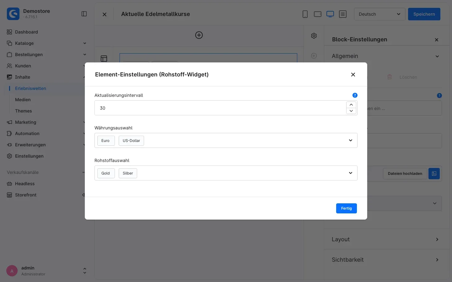 Element-Einstellungen des Rohstoff-Widgets
