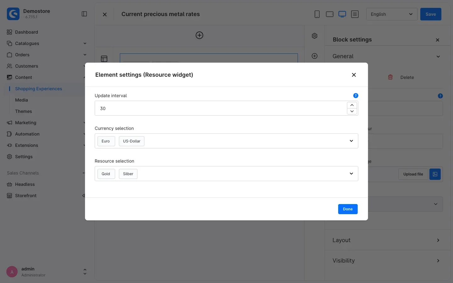 Element settings of the resource widget