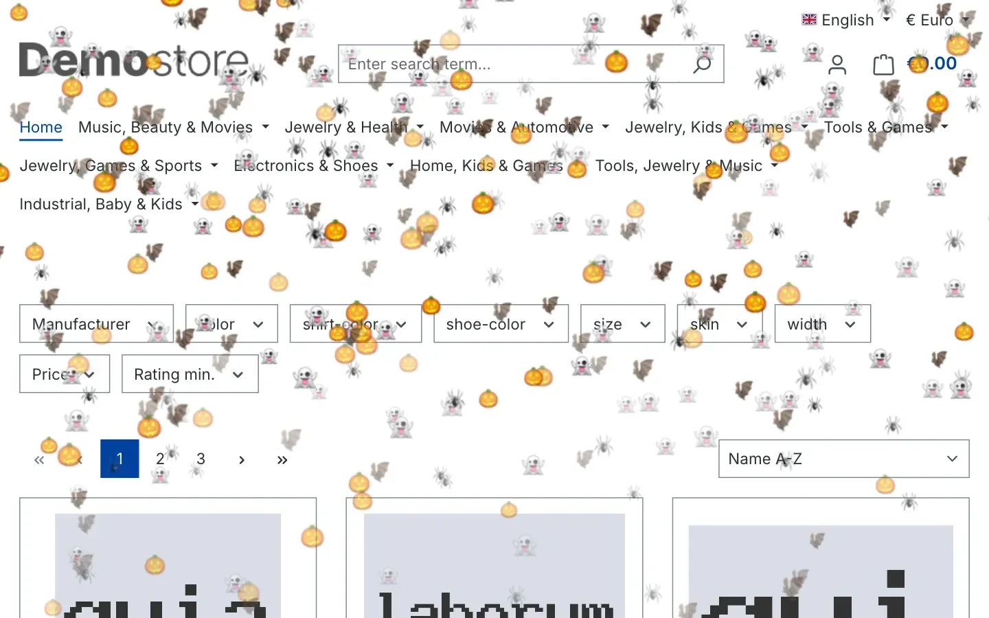 Home page with falling pumpkins, ghosts, bats and spiders