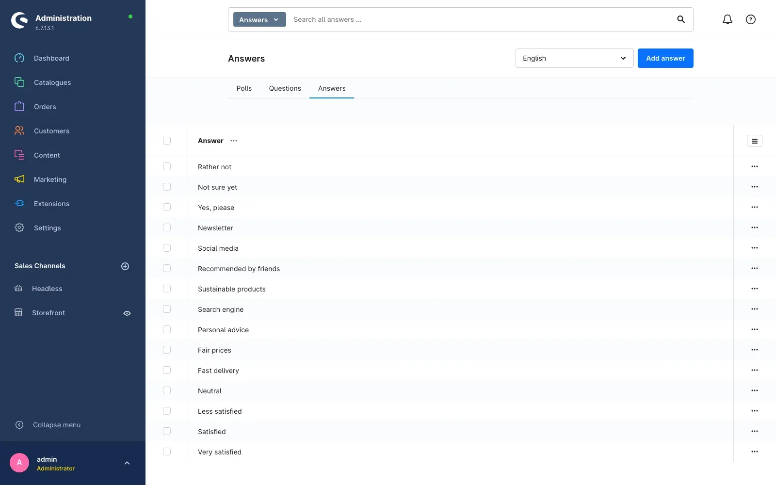 List of answers
