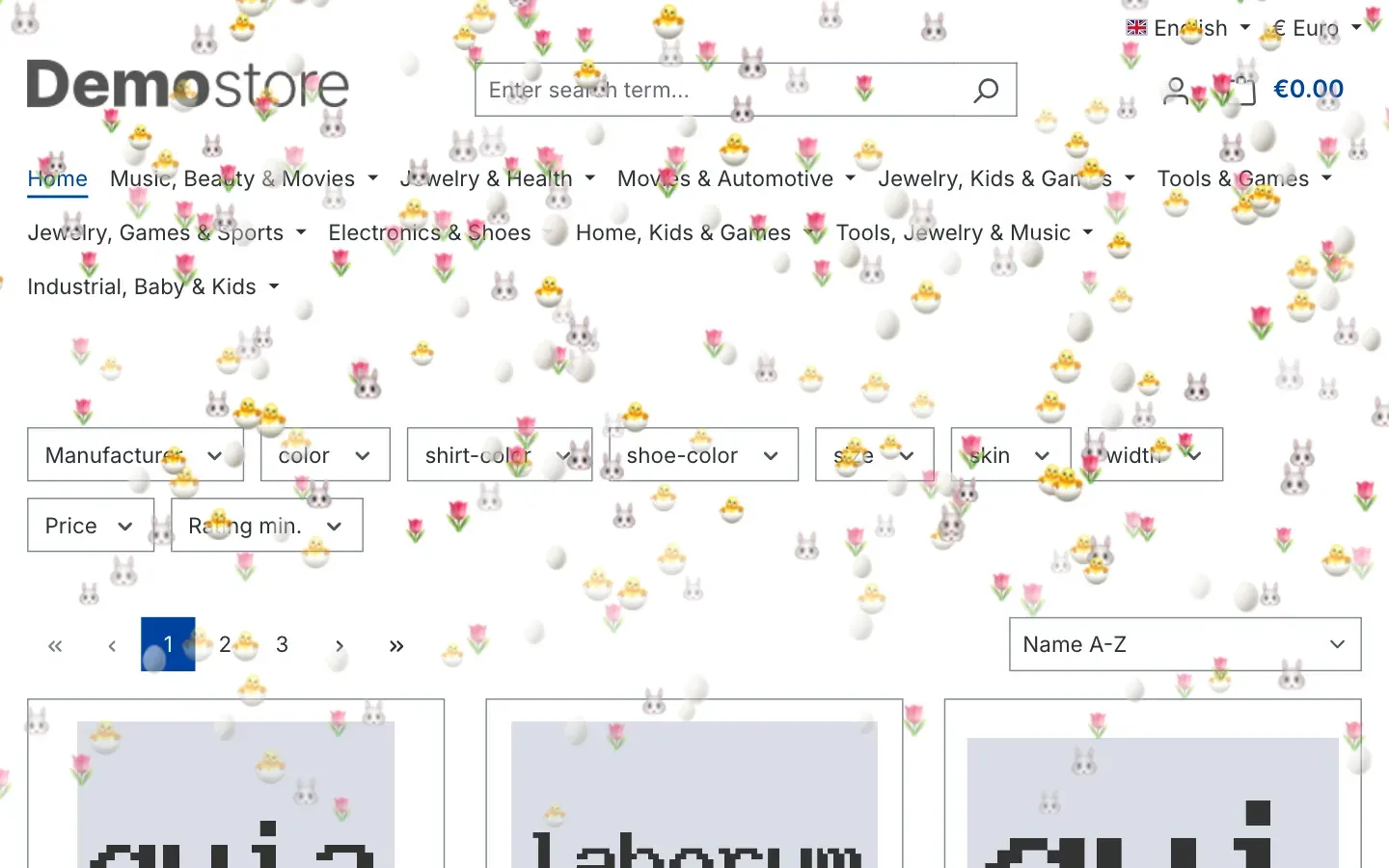 Home page with falling chicks, eggs, bunnies and tulips