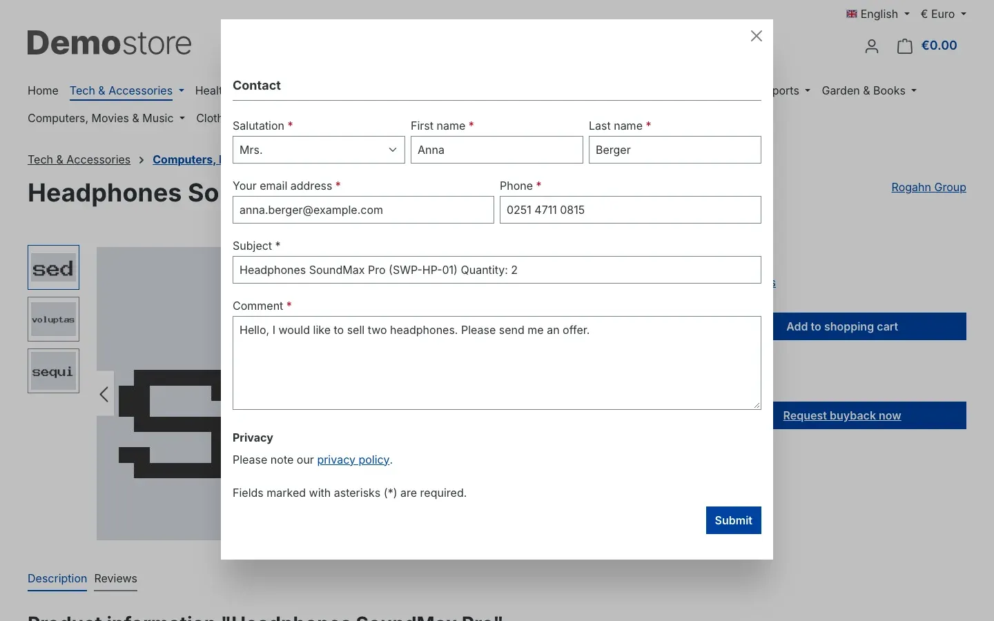 Fig. 16: Contact form with prefilled subject