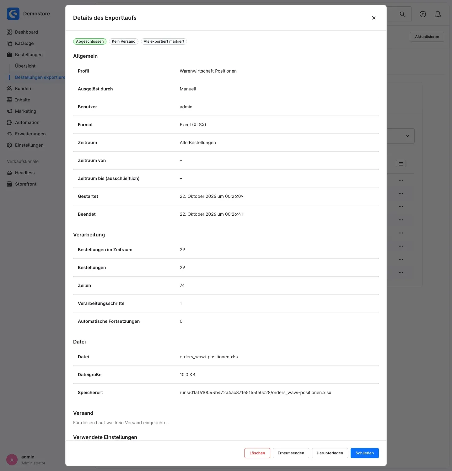 Details des Exportlaufs