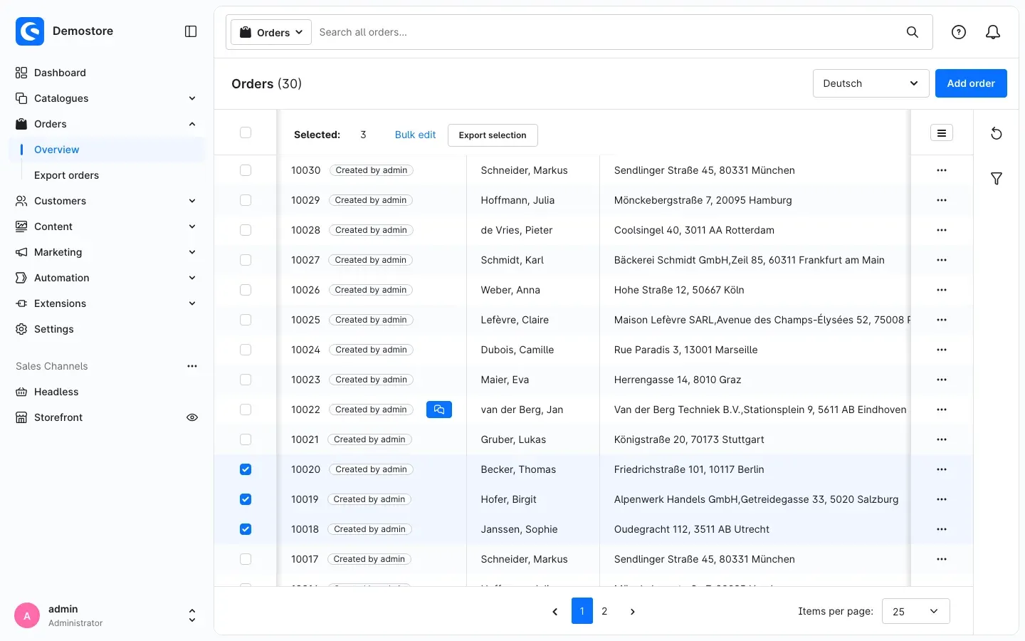 Order overview with three selected orders