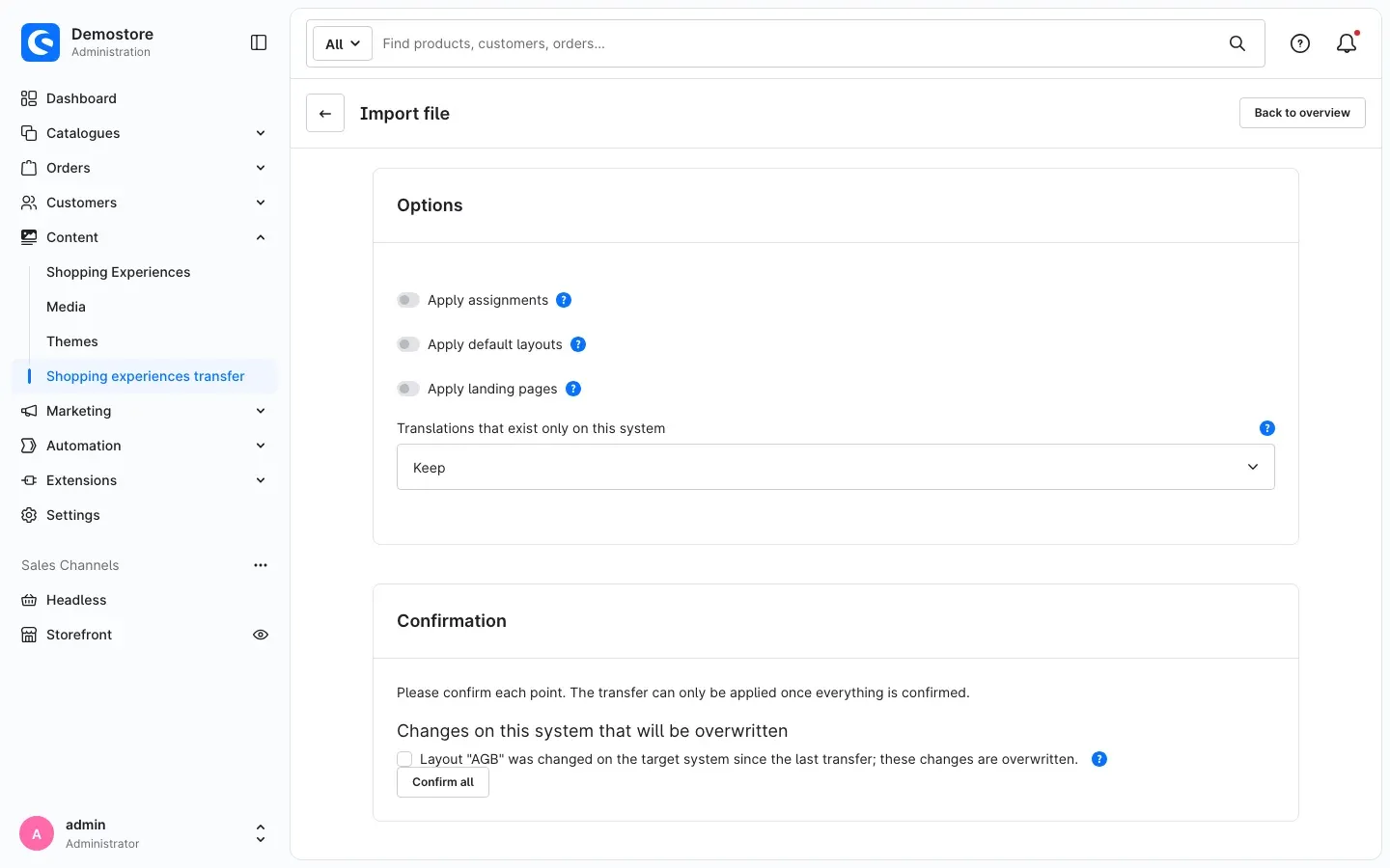 "Options" and "Confirmation" cards