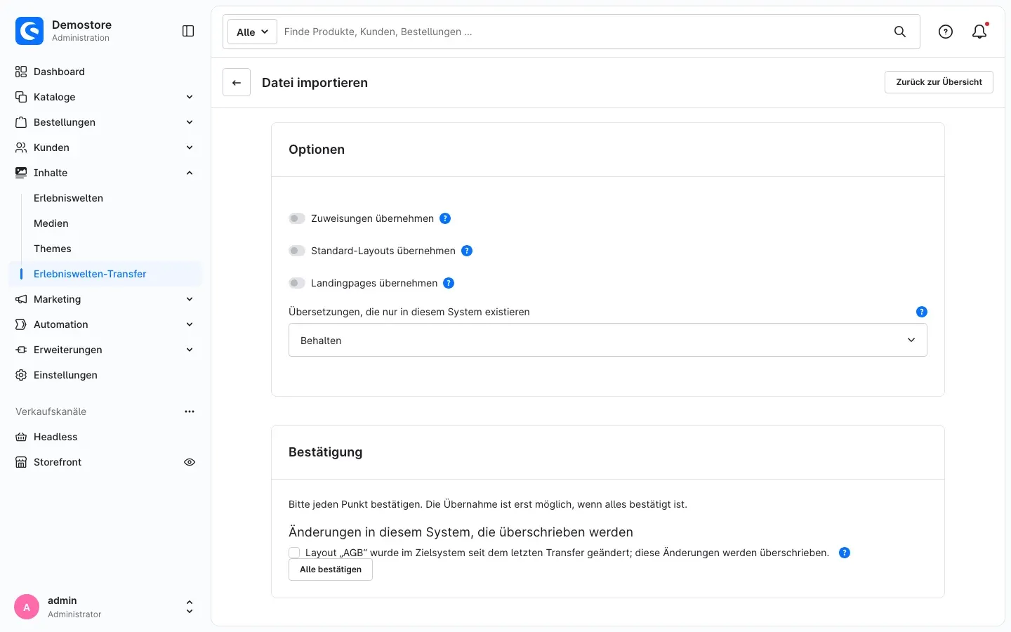 Karte „Optionen“ und Karte „Bestätigung“