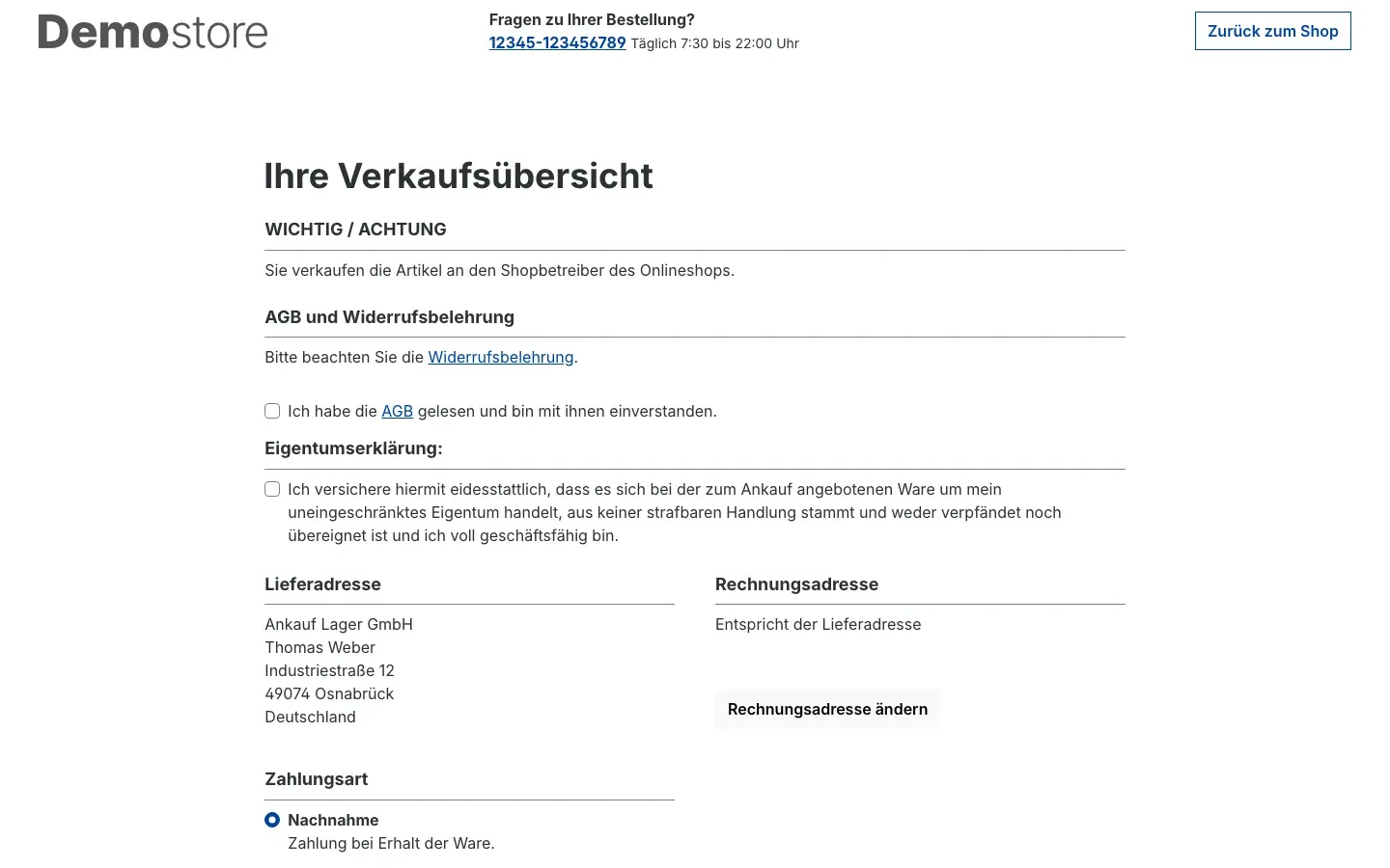 Abb. 17: Verkaufsübersicht mit Ankauf-Hinweis, Eigentumserklärung und deiner Lieferadresse