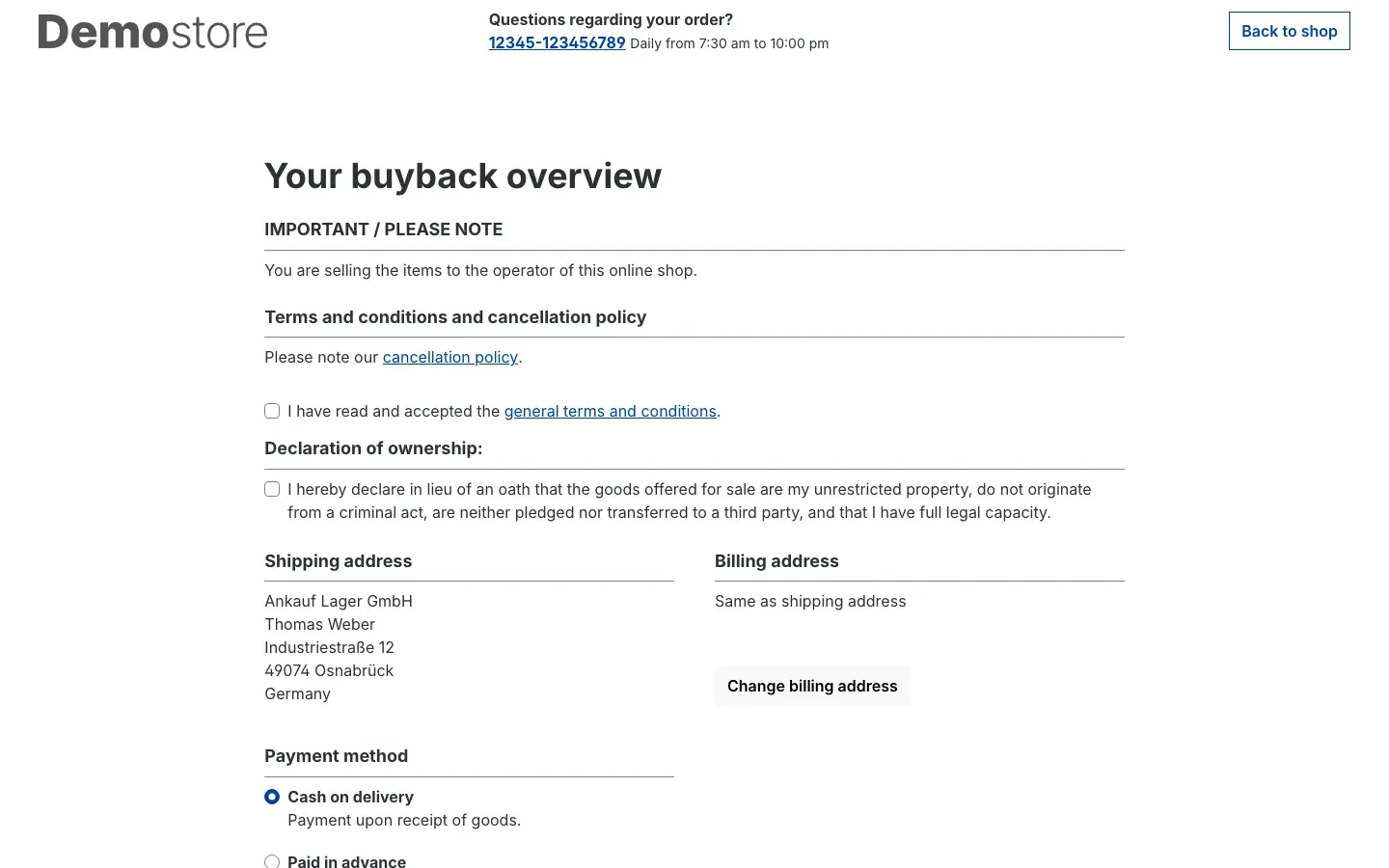 Fig. 17: Buyback overview with the important notice, declaration of ownership and your shipping address