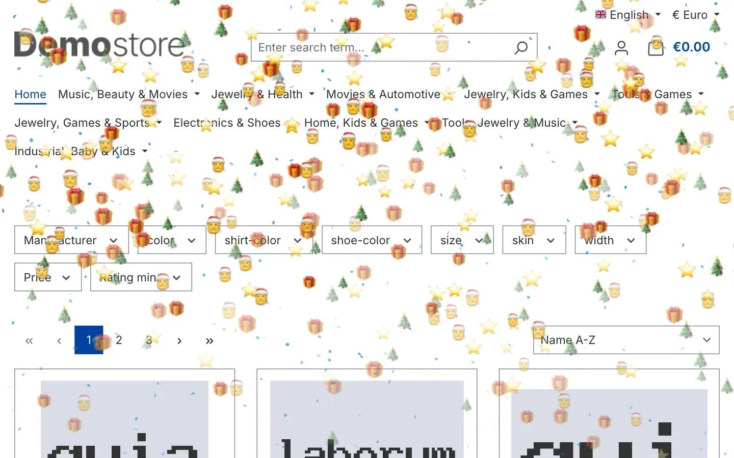 Home page with Christmas trees, gifts, stars and Santas plus light snowfall