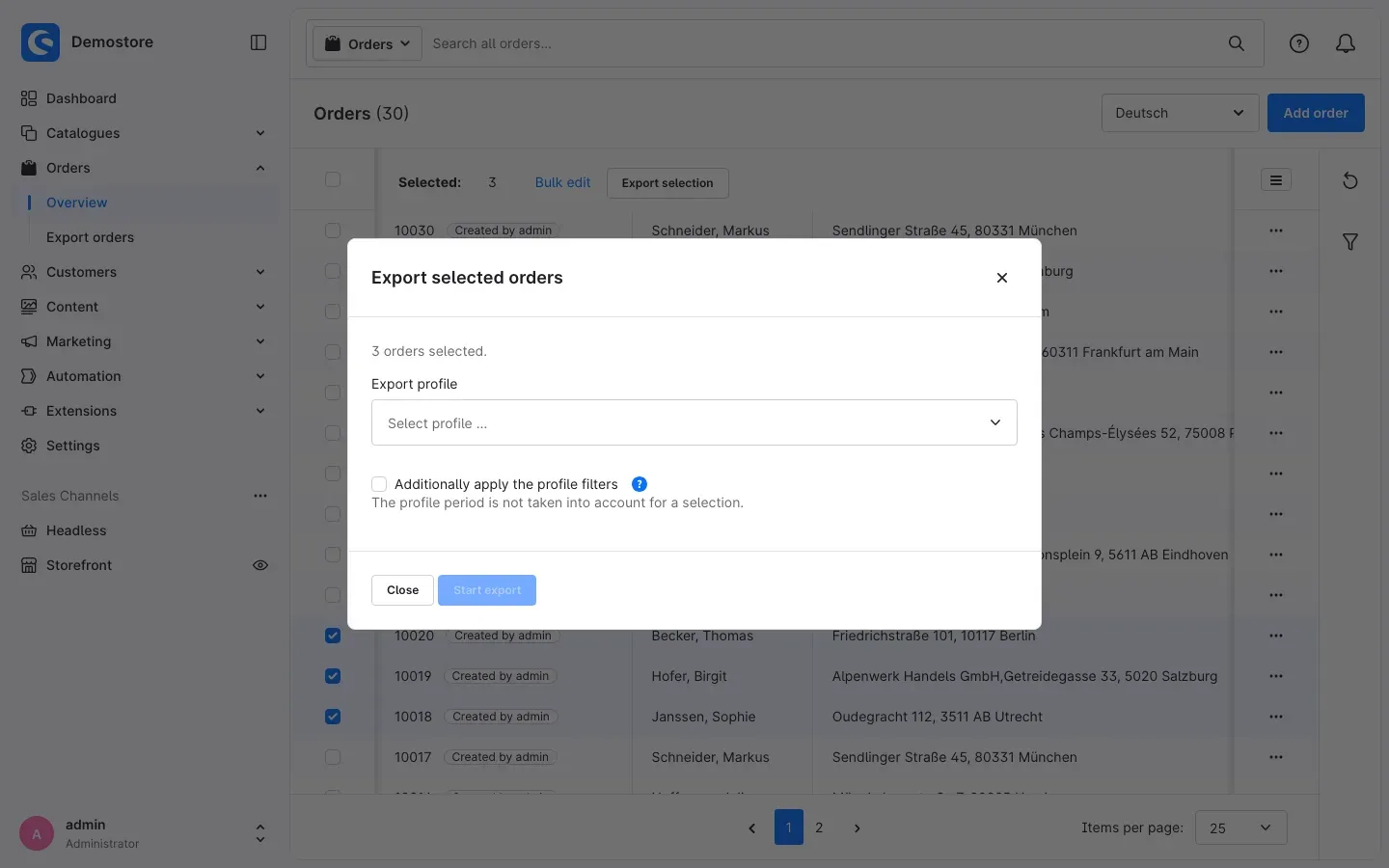 Dialog Export selected orders