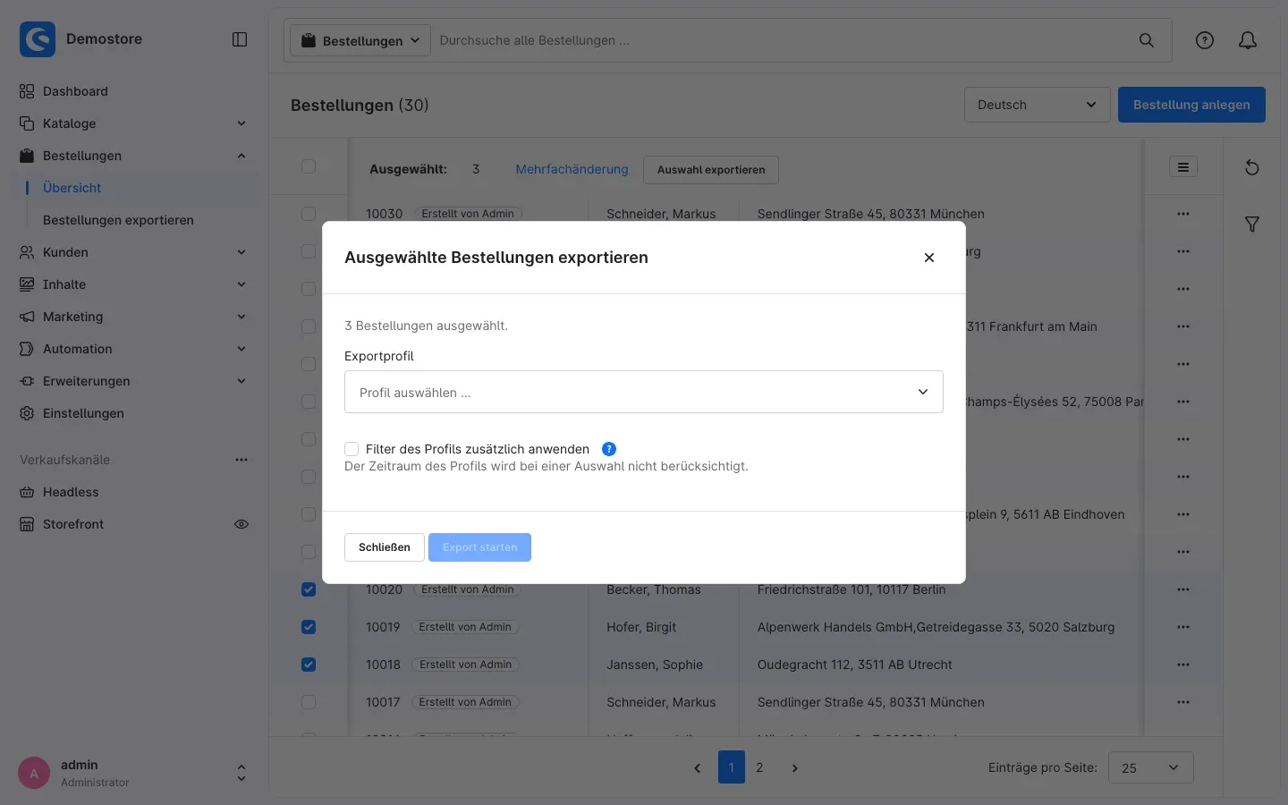 Dialog Ausgewählte Bestellungen exportieren
