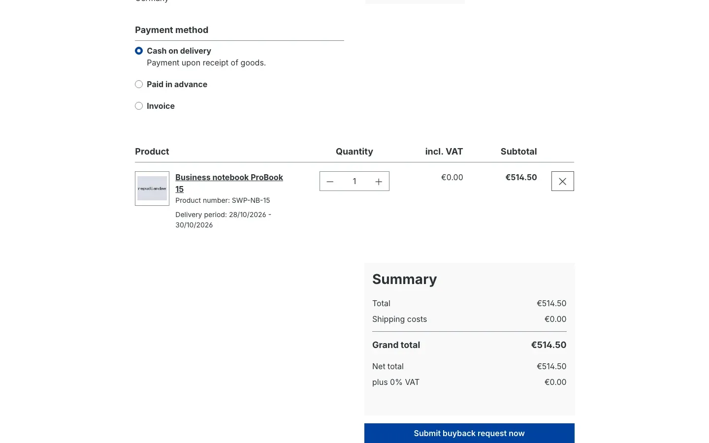 Fig. 18: Buyback overview with a tax-free buyback item and "Submit buyback request now"