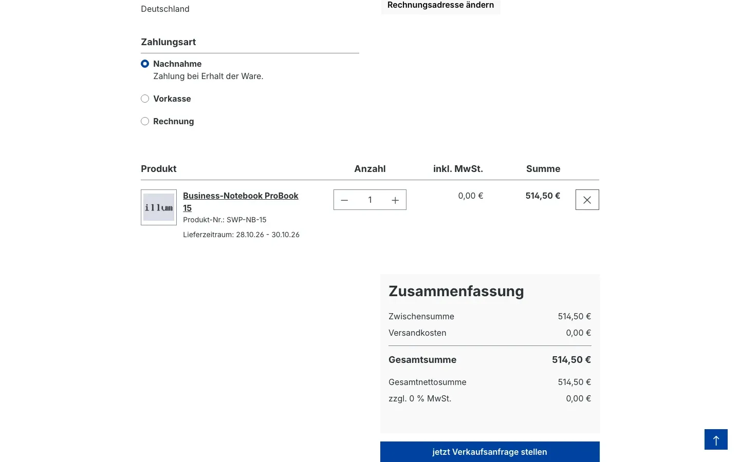 Abb. 18: Verkaufsübersicht mit steuerfreier Ankaufposition und „jetzt Verkaufsanfrage stellen“