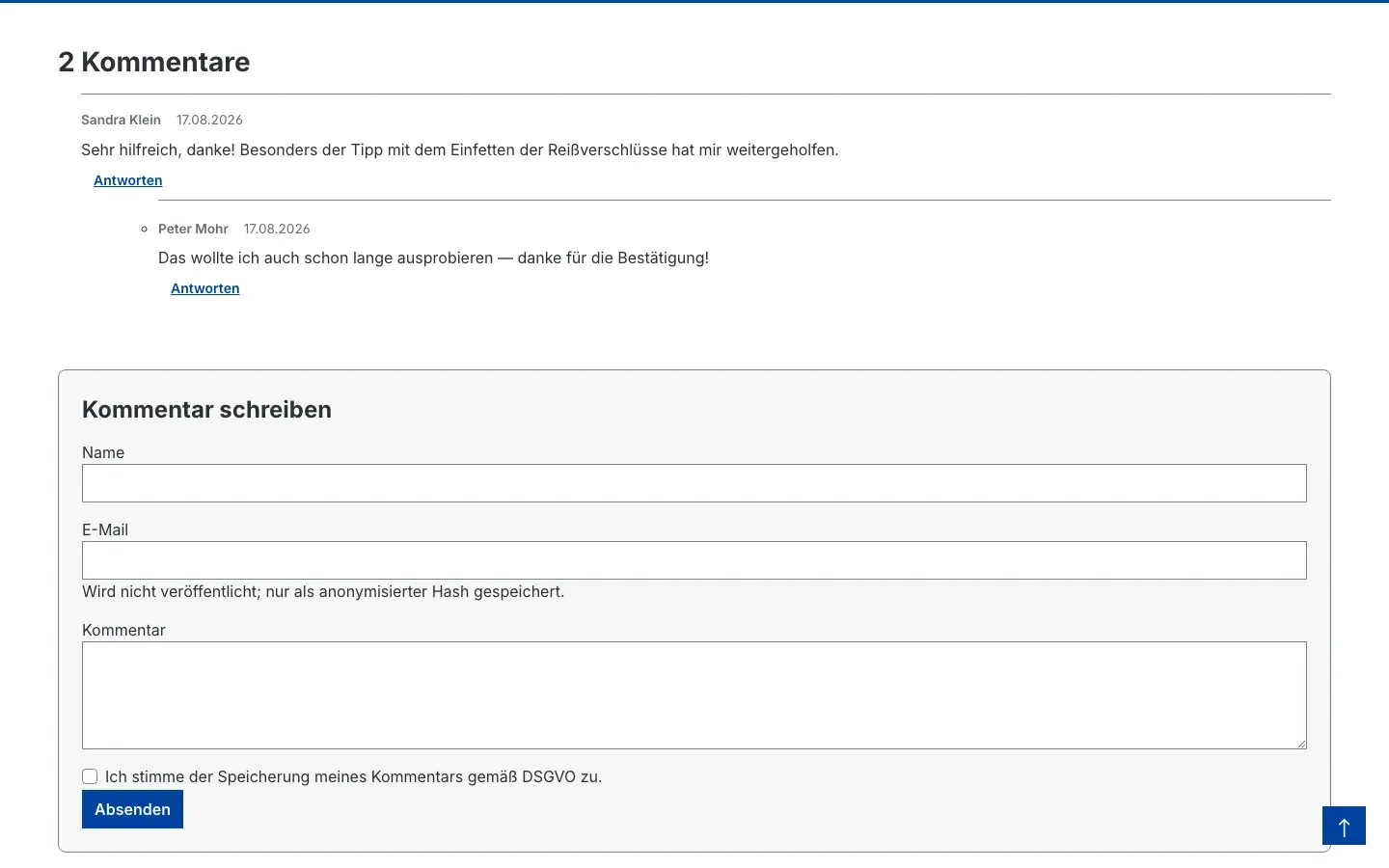 Kommentarbereich im Shop