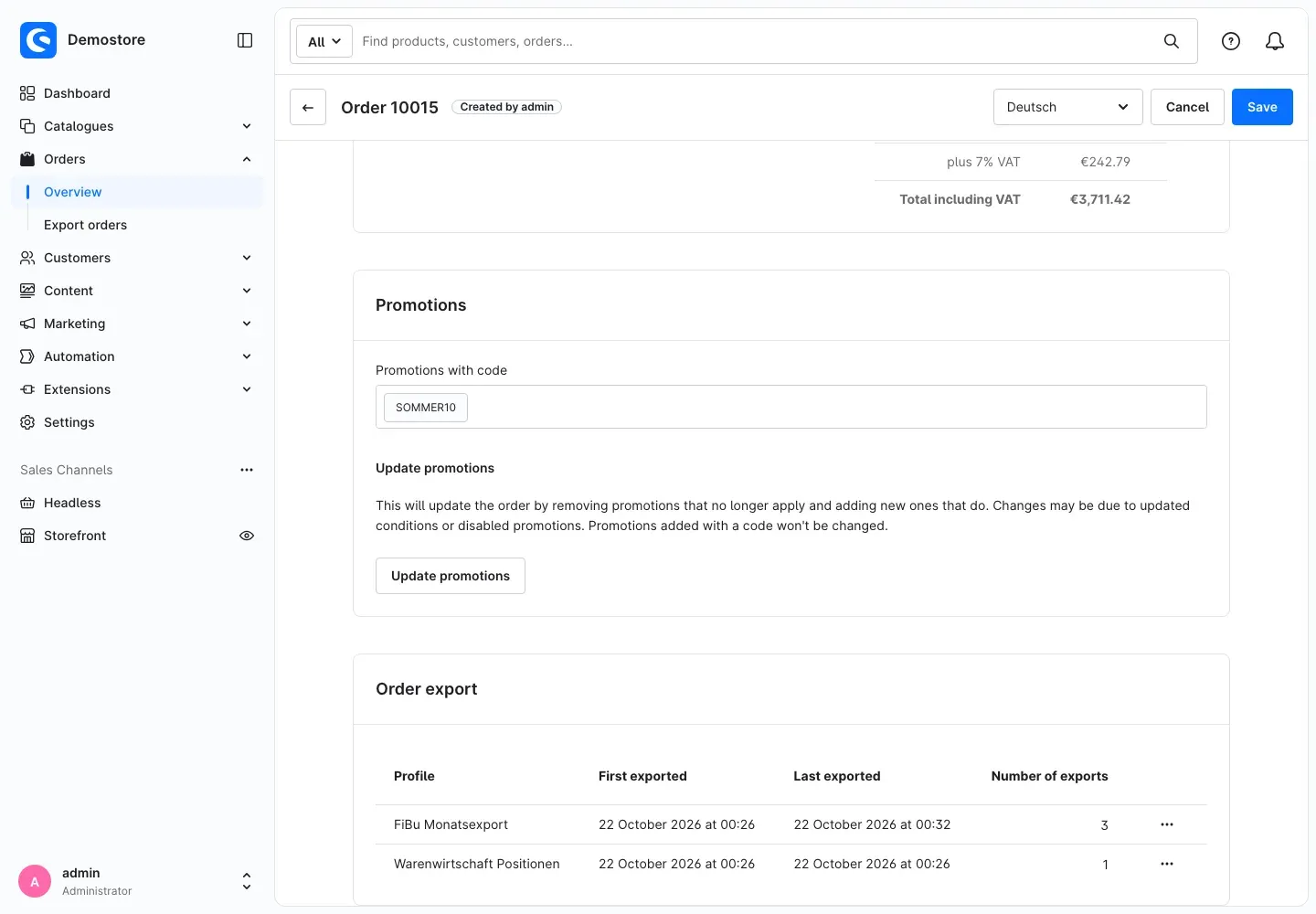 Order export card on the order detail page