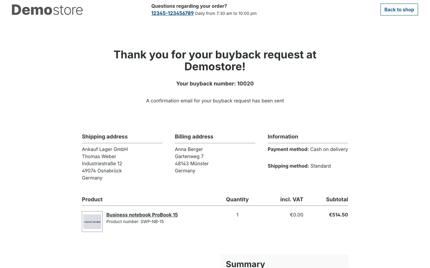 Fig. 19: Finish page of a buyback with the buyback number