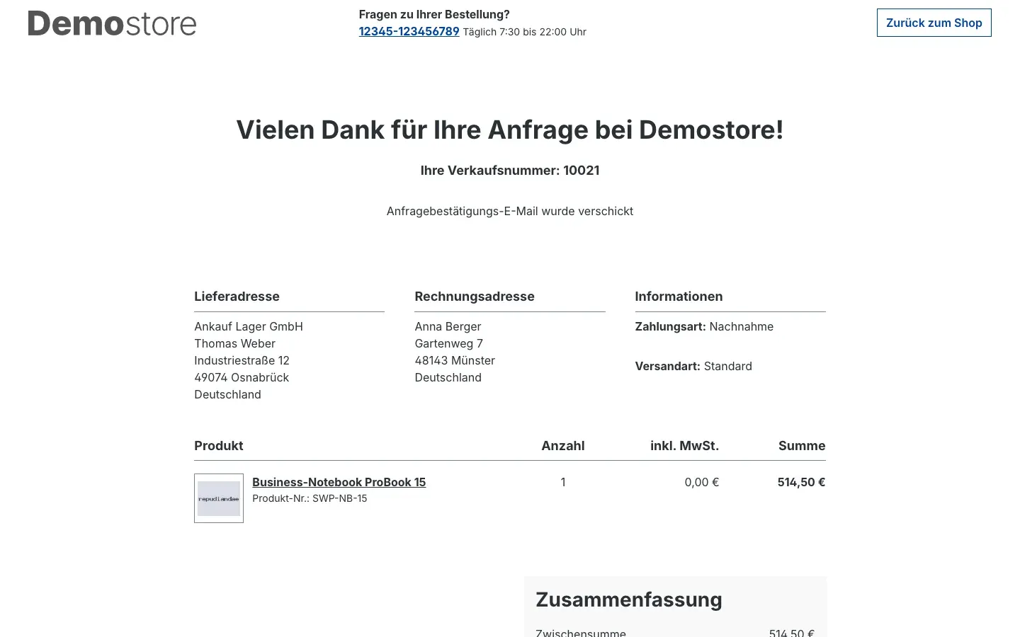 Abb. 19: Abschlussseite eines Verkaufs mit Verkaufsnummer