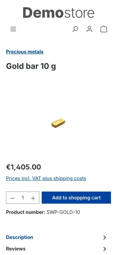 Product page in the mobile view