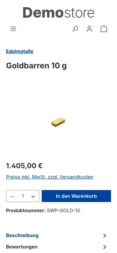 Produktseite in der mobilen Ansicht
