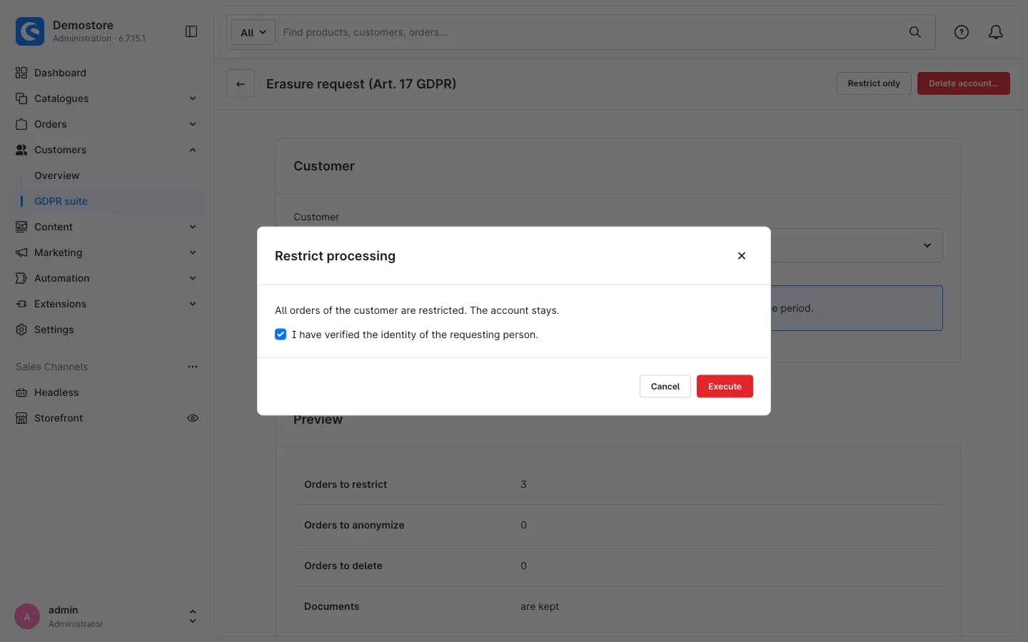 Restrict processing dialog