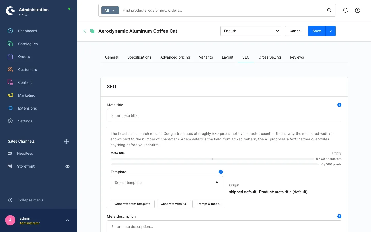 SEO tab on the product