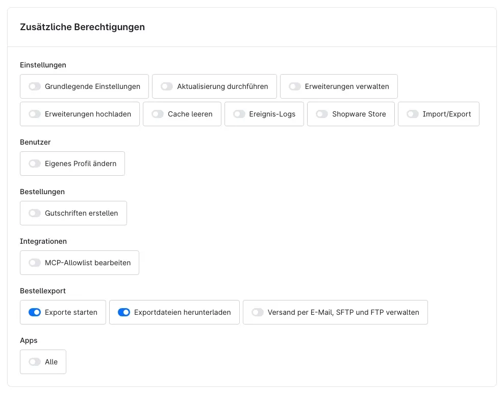 Zusätzliche Berechtigungen, Abschnitt Bestellexport
