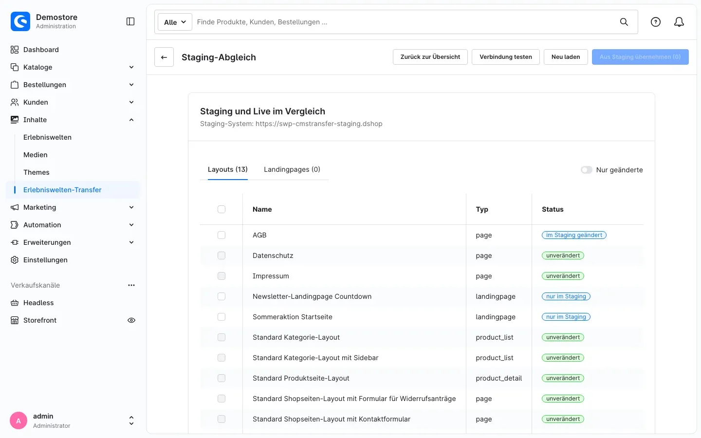 Seite „Staging-Abgleich“ mit allen Layouts und ihrem Status