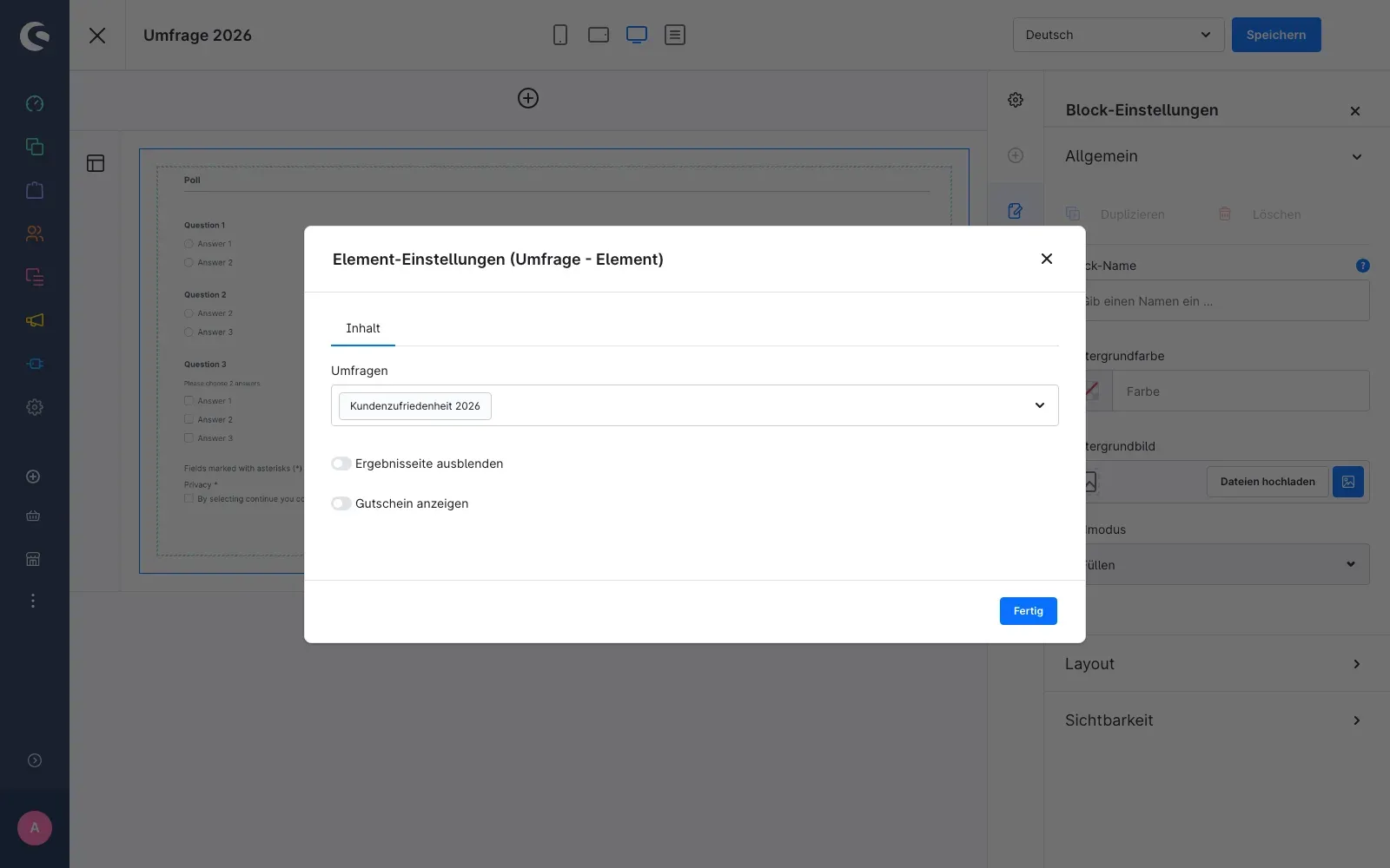 Element-Einstellungen des Umfrage-Elements