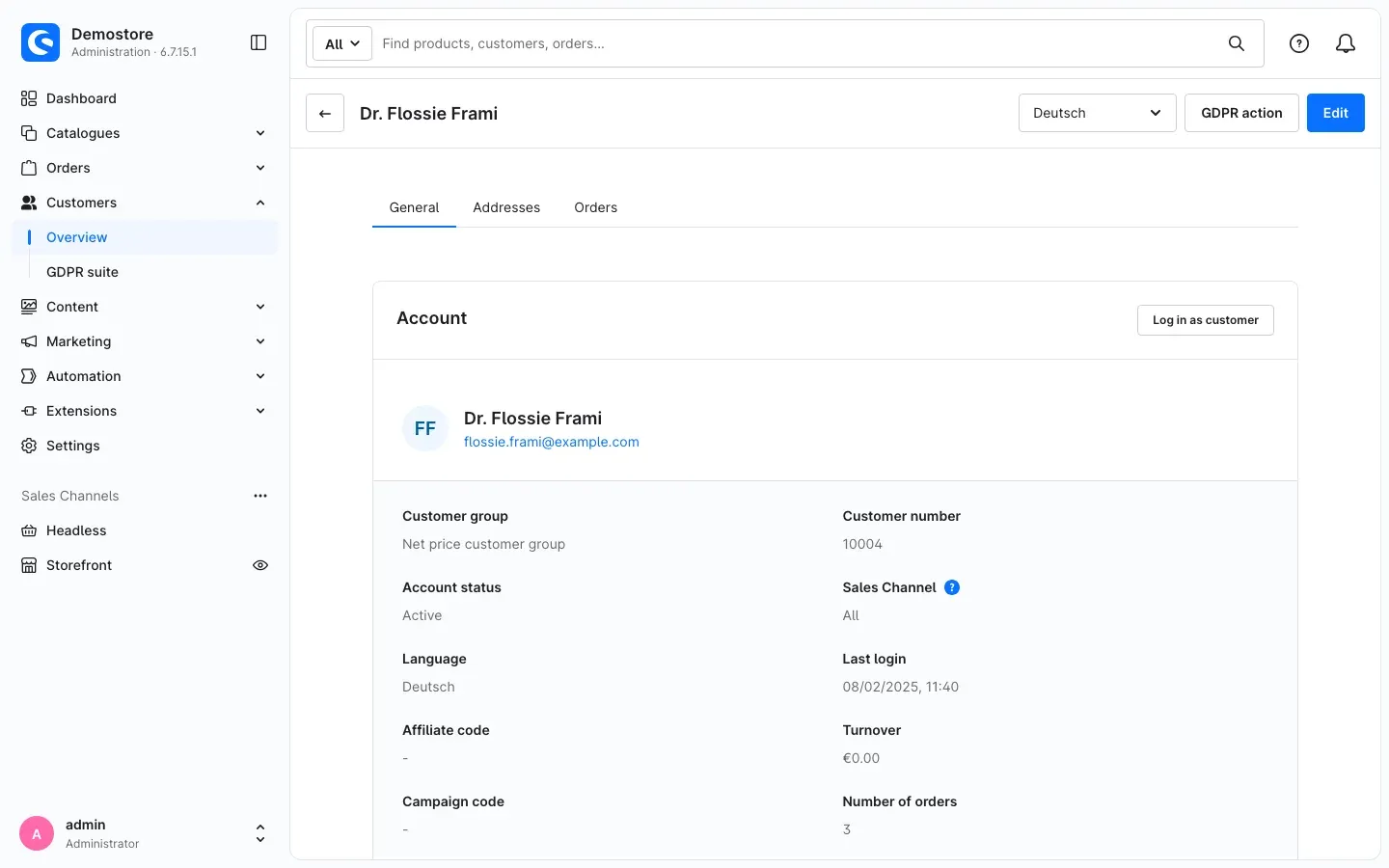 Customer page with the GDPR action button