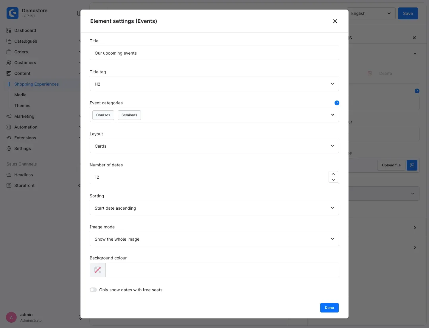 Element settings Events
