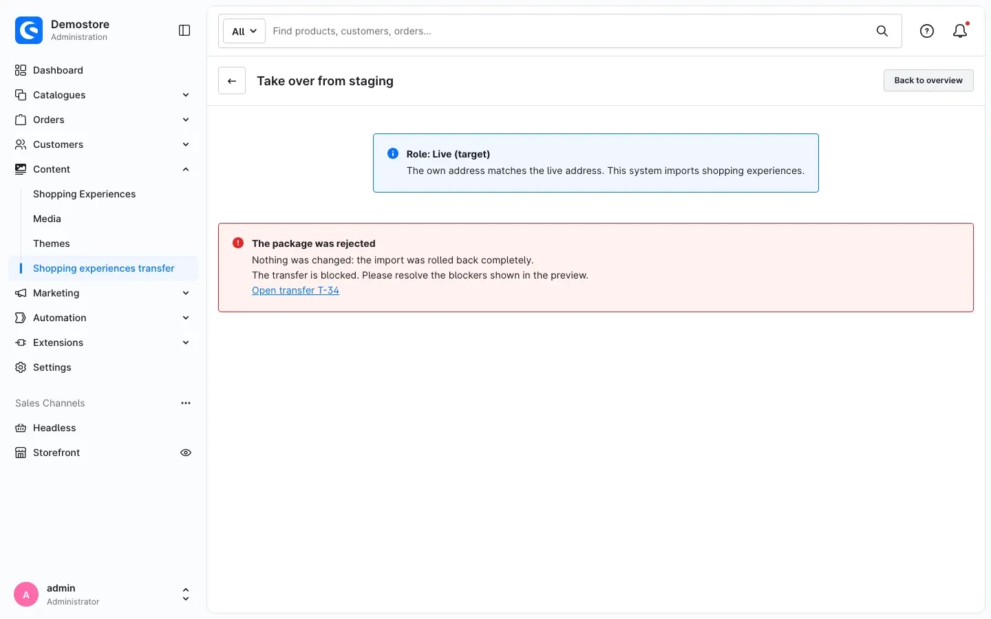 Package rejected because an element type is missing on the live shop