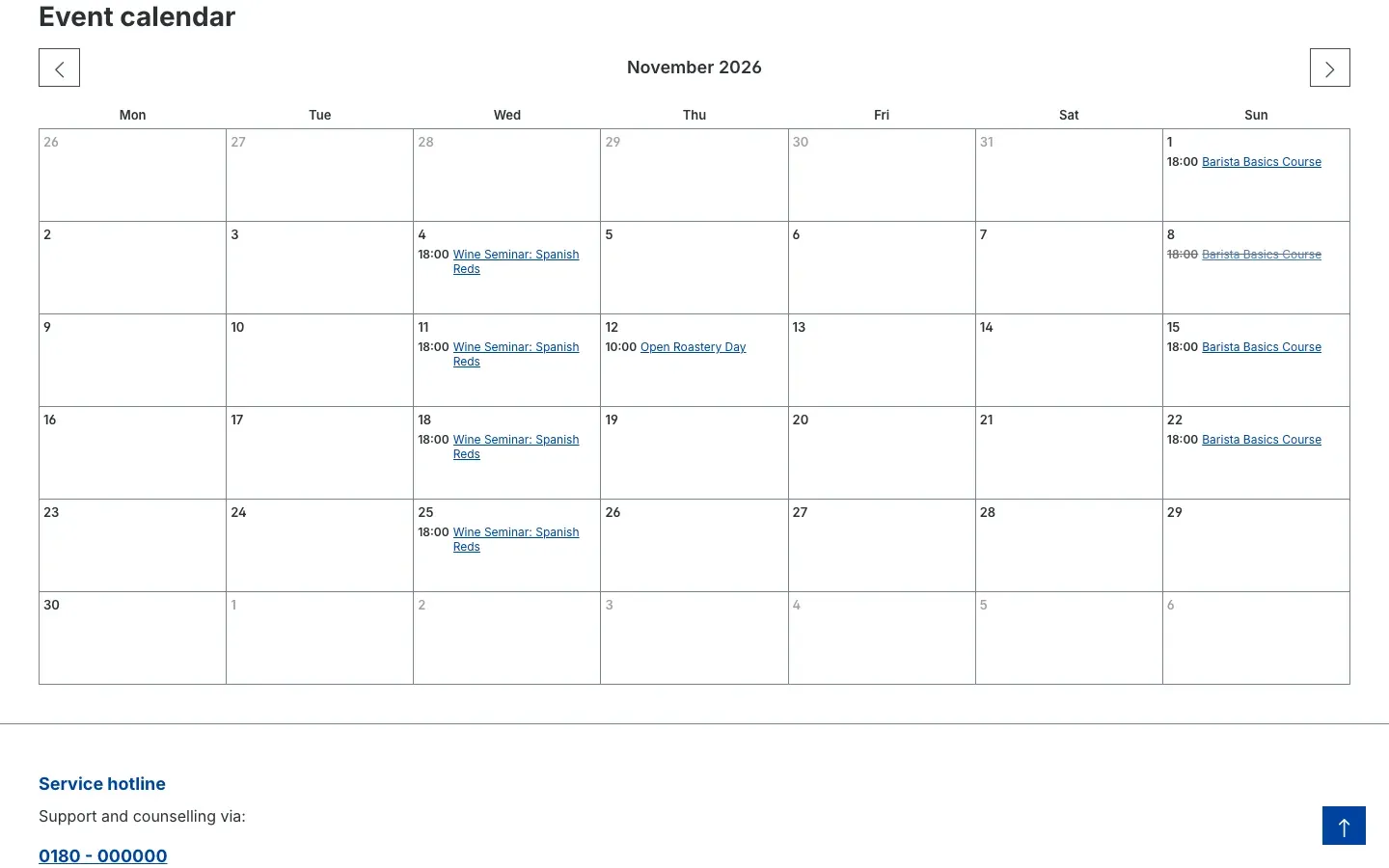 Event calendar in the store