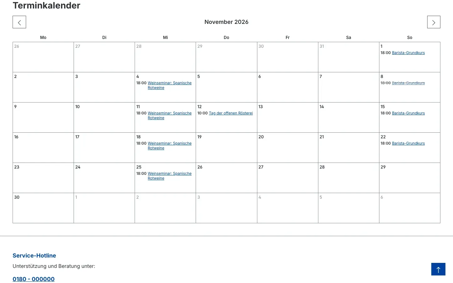 Terminkalender im Shop